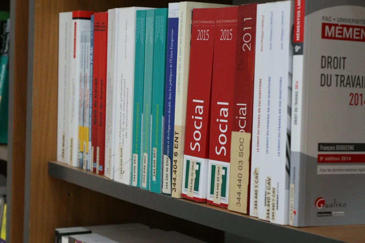 Labour law books lined up on a shelf