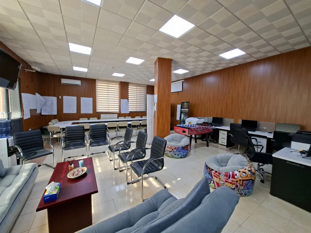 The incubator co-working space: lounge, workstations and meeting table